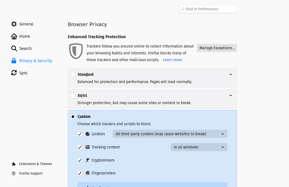 {{0xc003546960 0xc003546960 /images/2020/10/2-select-privact-and-security.png Select 'Privacy & Security' from the menu on the left Screenshot of Firefox &lsquo;Privacy &amp; Security&rsquo;preference page Screenshot of Firefox &lsquo;Privacy & Security&rsquo;preference page 0xc0037f2cc0} 1 true}