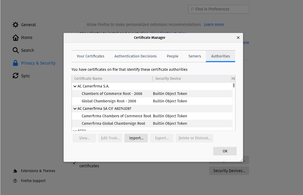 {{0xc003546960 0xc003546960 /images/2020/10/4-select-authorities.png In the 'Certificate Manager' select 'Authorities' at the top and then press the 'Import' button Screenshot of Firefox&rsquo;s certificates page on the Authorities tab Screenshot of Firefox&rsquo;s certificates page on the Authorities tab 0xc001f70900} 3 true}