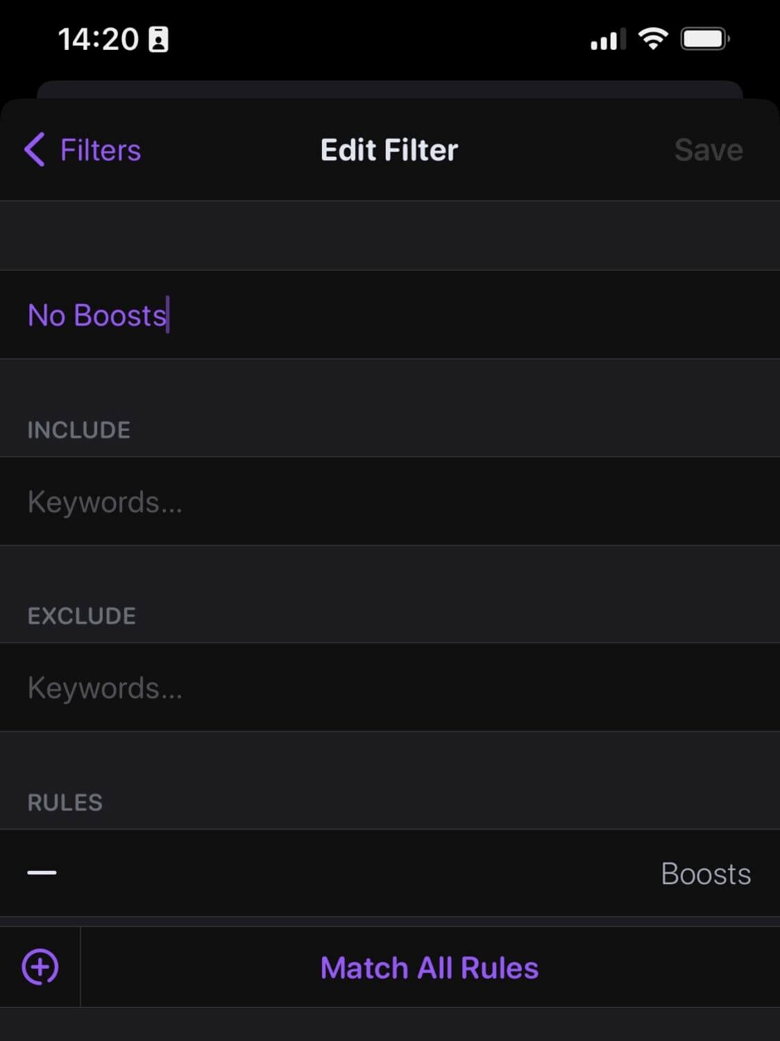 {{0xc0037884b0 0xc0037884b0 /images/2023/03/IMG_1362.jpeg The filter configuration screen. Notice the name, 'No Boosts in the top box and '- Boosts' both selected under rules A screenshot of Ivory&rsquo;s filter editor screen with &ldquo;No boosts in the title box&rdquo; and &ldquo;- Boosts&rdquo; selected under the only Rules entry. A screenshot of Ivory&rsquo;s filter editor screen with &ldquo;No boosts in the title box&rdquo; and &ldquo;- Boosts&rdquo; selected under the only Rules entry. 0xc003378540} 2 true}