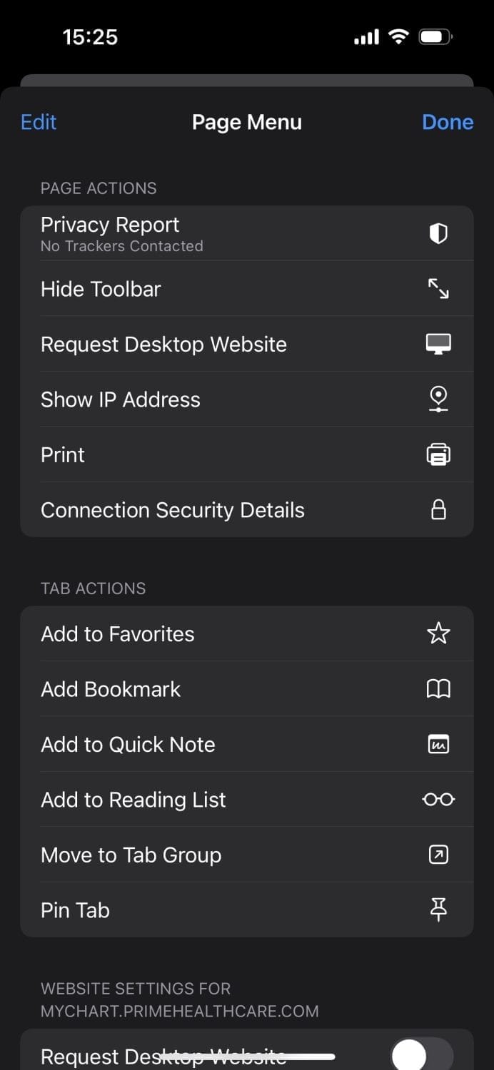 The iPhone Page Menu with &amp;ldquo;Show IP Address&amp;rdquo; visible