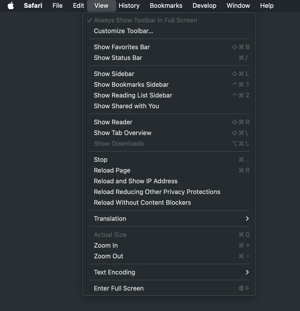 Screenshot of the view menu on Mac with &amp;ldquo;Reload and Show IP Address&amp;rdquo; visible.