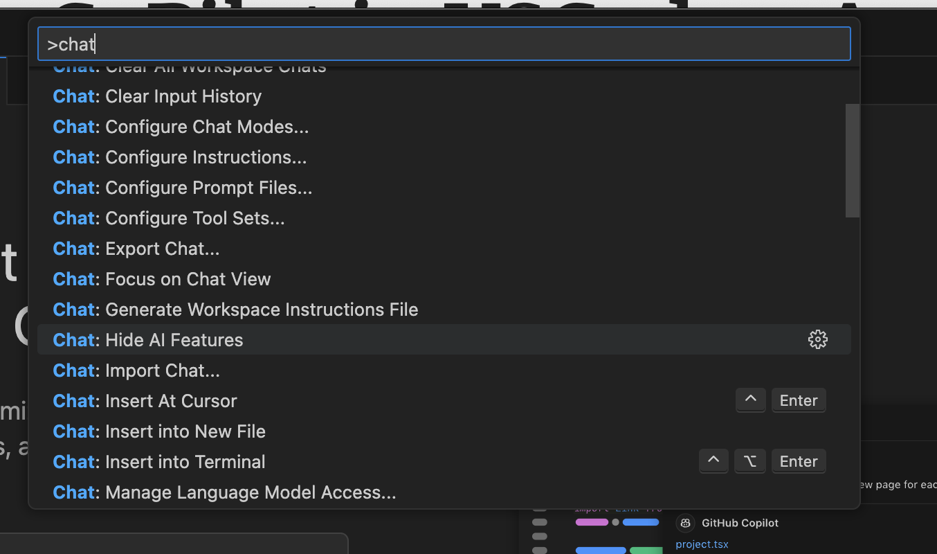 Screenshot of VSCode&amp;rsquo;s command palette with &amp;ldquo;Chat: Hide AI Features&amp;rdquo; highlighted.