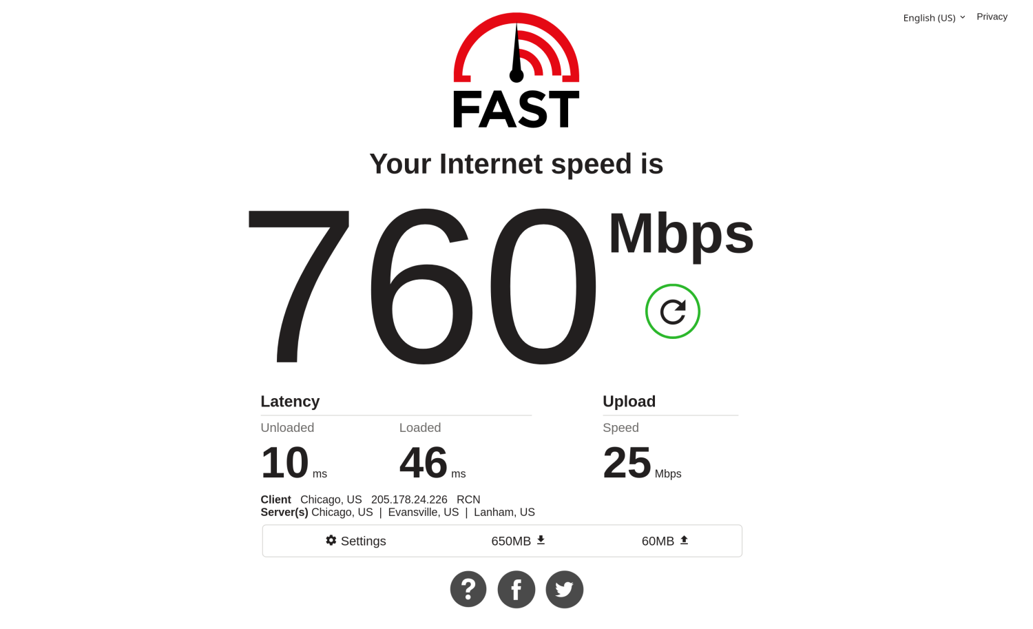 A screenshot from my Linux laptop of a speed test showing 760mb download and 25mb upload.
