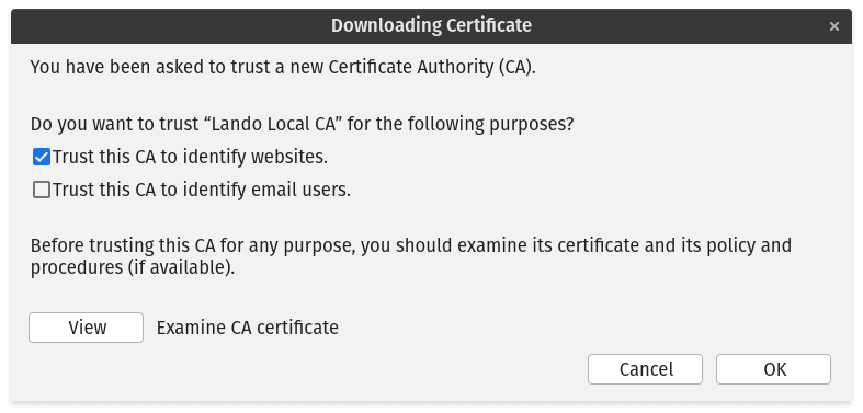Screenshot of Firefox certificate import options