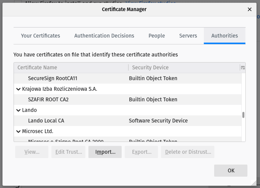 Screenshot of Firefox's Certificate Manager with Lando visible