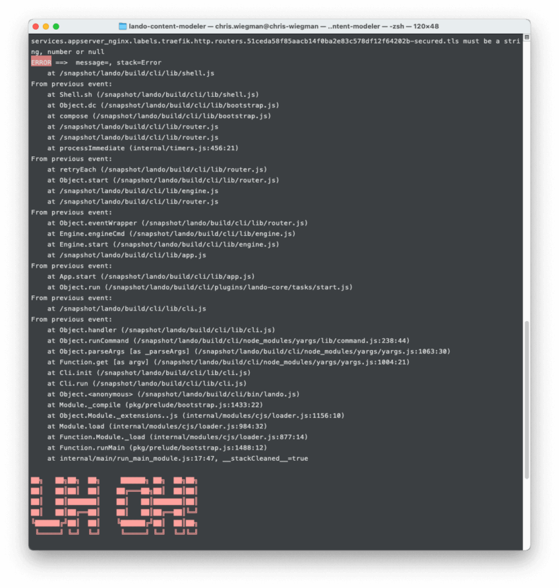 The trace output of Lando crashing on start due to an error in your Docker config.
