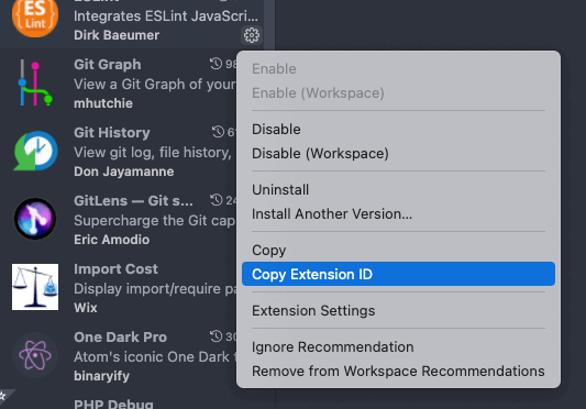 Screenshot of the menu in MacOS with "Copy Extension ID" highlighted.