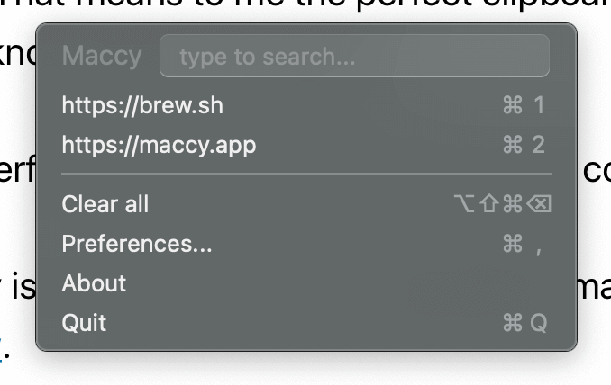 Screenshot of the Maccy app's interface 