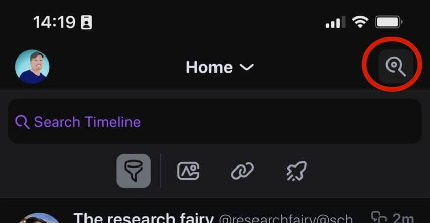The search icon highlighted from the "Home" feed of Ivory