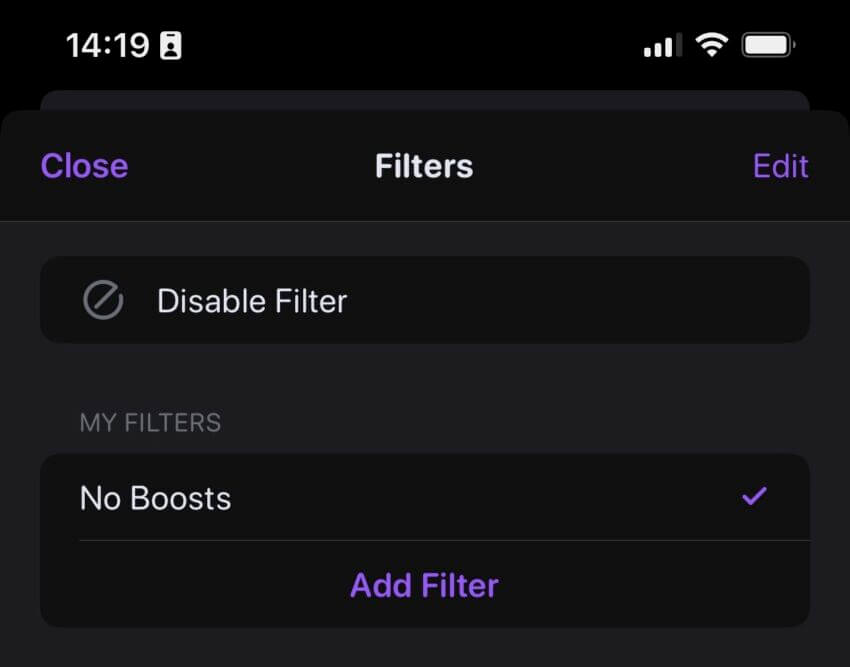 A screenshot of Ivory's filter selection screen with the "No boosts" filter selected.