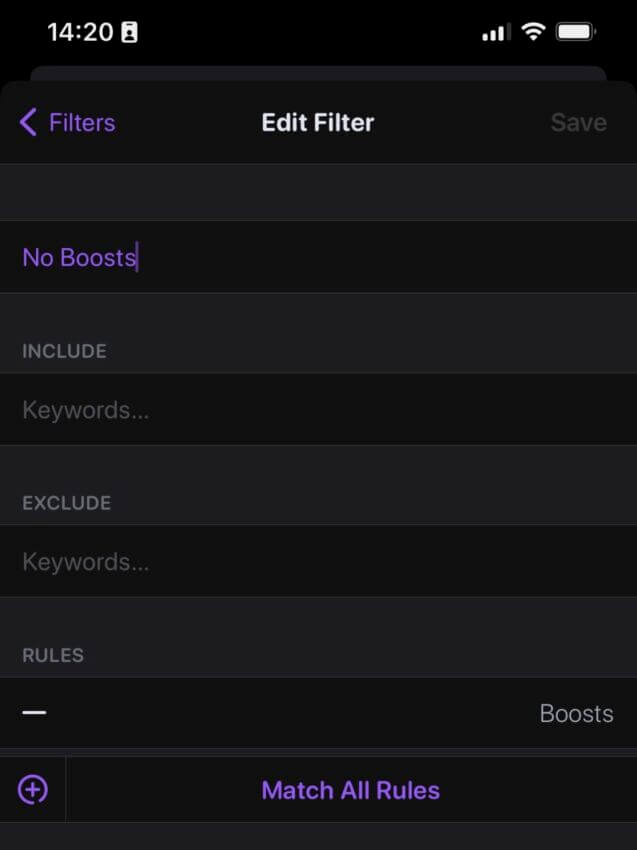 A screenshot of Ivory's filter editor screen with "No boosts in the title box" and "- Boosts" selected under the only Rules entry.