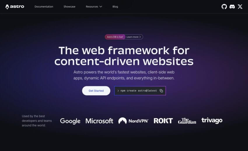 Screenshot of the homepage of astro.build